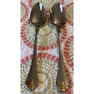 Yamazaki Cara Teaspoons Gold Accent‎ Glossy Stainless Japan Flatware Set Of 2
